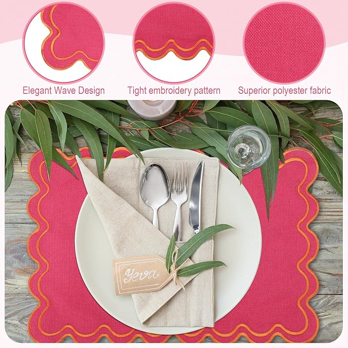 HunnmingRe Hot Pink with Orange Set of 6 Cotton Linen Wedding Placemats, 13x19 Inch Scalloped Wavy Embroidery Placemat Double Layered Washable Rustic Rectangle Dinner Table Mat for Home Decor