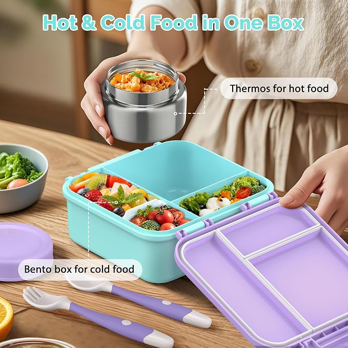 Kids Bento Lunch Box with Soup Thermo (9oz)– Hot & Cold Lunch Container with Leak Proof Insulated Food Jar for School Girls Boys, Ideal Size for Ages 3 to 7, Purple/Blue