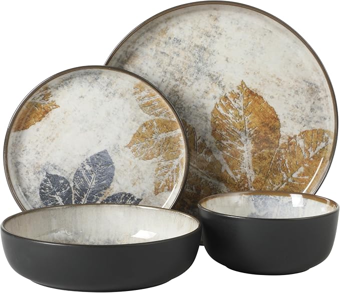Gibson Elite Chantilly Hill 16-Piece Ceramic Dinnerware Set, Round Plates & Bowls, Multicolor Leaf Design, Microwave & Dishwasher Safe, Service for 4