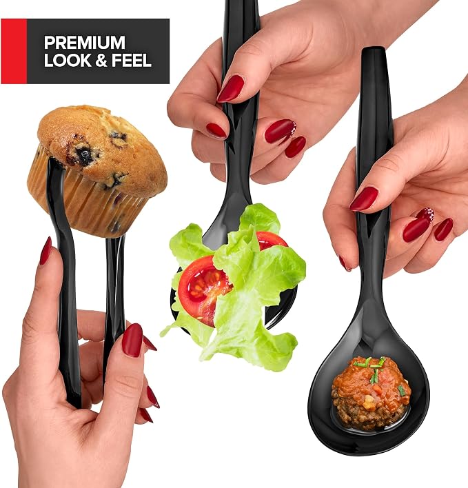 18 Count Disposable Serving Utensils, Black Plastic Serving Utensils Set for Catering Weddings, Holiday Parties, and More, Disposable Serving Spoons for Buffet, Party Utensils, Stock Your Home