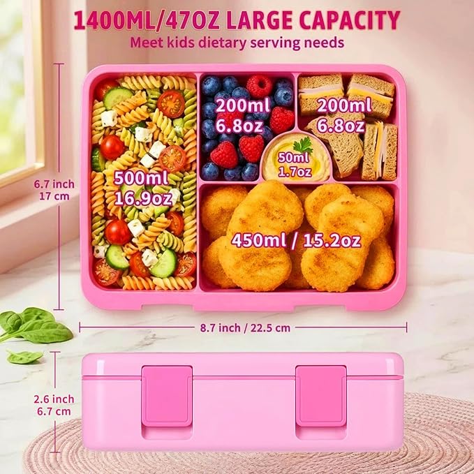rockpapa Bento Box for Kids - Large 5.5 Cups Lunch Box with Utensils - 5 Compartments, BPA-Free, Leak Proof, Portable Handle for Boys Girls, Microwave/Dishwasher Safe (Pink Unicorn)