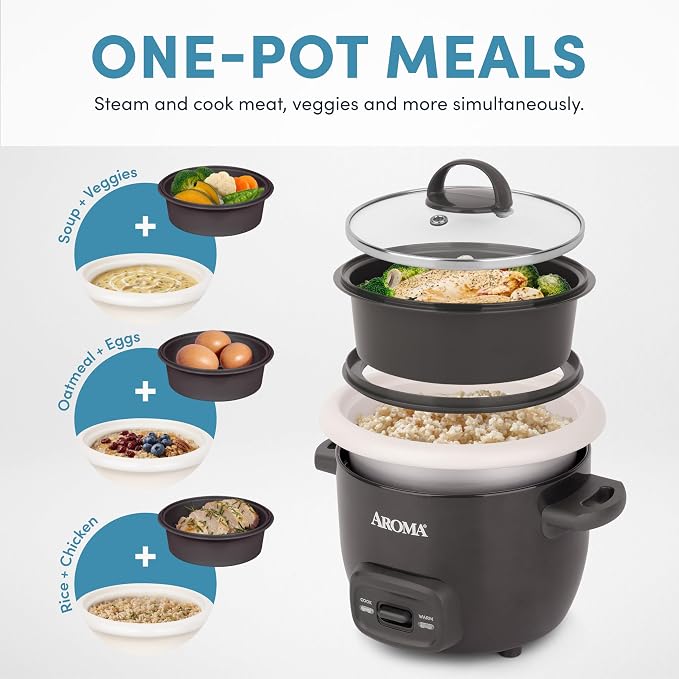 AROMA CoreCoat™ Mini Rice Cooker (3 Cups Cooked) with Nonstick Ceramic Pot Coating, Glass Lid, and Pop-Up Steamer Tray, 0.8 Quart