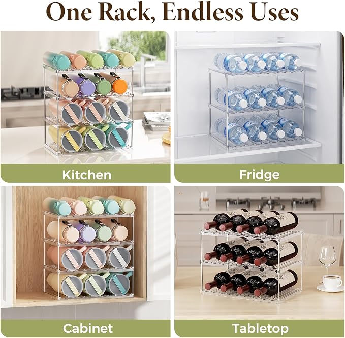 LAMU Stackable Water Bottle Organizer Holder Tumbler Cup Storage Rack | 4 Tier Clear PET Holder for Stanley 16-40oz Large Water Bottle Tumbler Cup Storage for Kitchen Cabinet Pantry Countertop