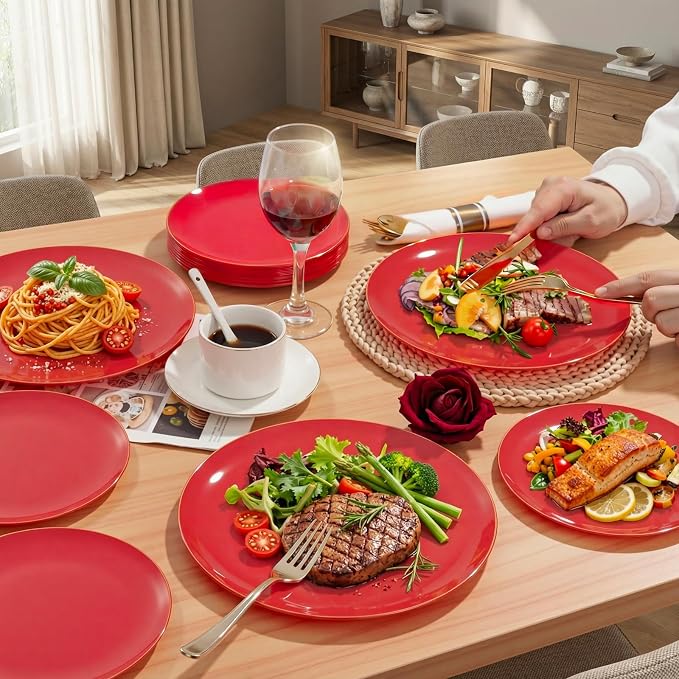 KIRE 350 PCS Red and Gold Plastic Plates - Plastic Dinnerware for Christmas | Include 100PCS Red Disposable Plates, 50PCSPre Rolled Napkins with Silverware&50PCS Cups for Party