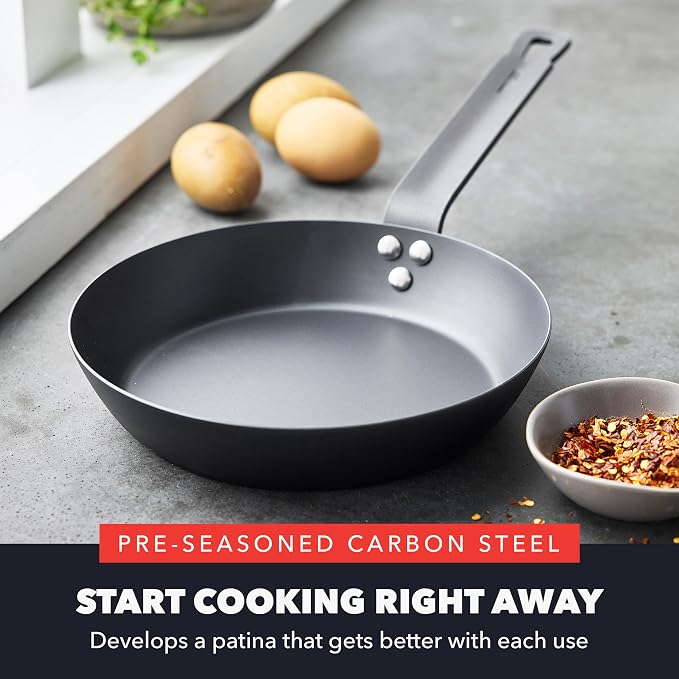 GreenPan x Bobby Flay 8" Pre-Seasoned Carbon Steel Frying Pan Skillet | Natural Nonstick with Use, Durable Cast Iron Alternative, Induction & All Stovetop Compatible, High Heat & Oven Safe to 660F