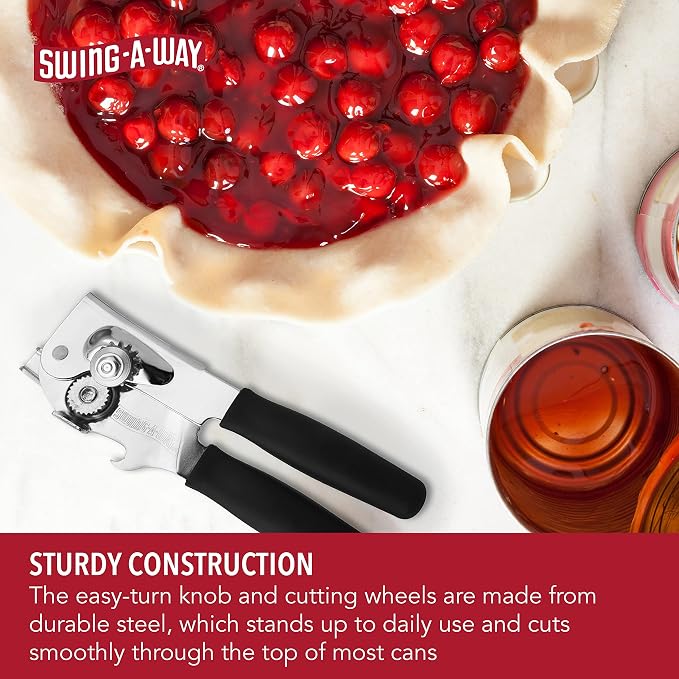 Swing-A-Way Portable Can Opener, Features an Ergonimic Handle for Optimal Comfort, and Built-in Bottle Opener for a 2-in-1 Tool, Durable Cutting Wheel, Black