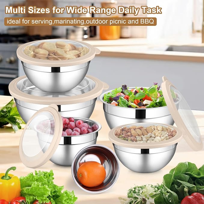 LIANYU 6 PCS Mixing Bowls with Visible Lid, Size 7, 3.5, 2.5, 2, 1.5, 1QT | Large Stainless Steel Nesting Bowl Set, Metal Kitchen Serving Bowls for Cooking, Baking, Freezer & Dishwasher Safe, Khaki