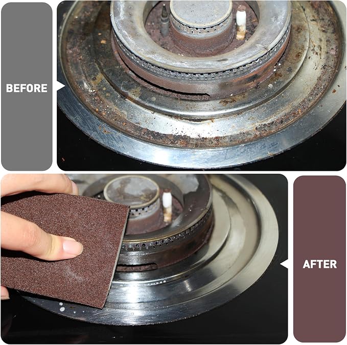 6 Pack Magic Carborundum Sponge with 1 Handle Rust Scrubber for Cookware | High Density Emery Pads Remove Burnt Grease Grime on Pots Pans Sinks Grills Stovetops Kitchen Bathroom Surfaces, Metal Tools