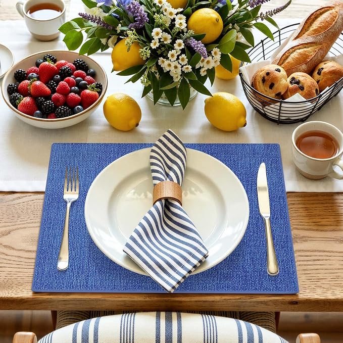 Faux Leather Heat Resistant Placemats 4 Packs, Waterproof Wipeable Dining PU Place Mats for Indoor & Outdoor, Easy to Clean, Sea Blue