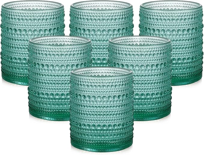 ZMOWIPDL Drinking Glasses Set of 6,12oz Lake Blue Hobnail Glass Cups | Vintage Glassware，Embossed Water Tumbler,for Beer,Cocktail,Whiskey,Juice and Various Mixed Drinks- 1 Cleaning Brush