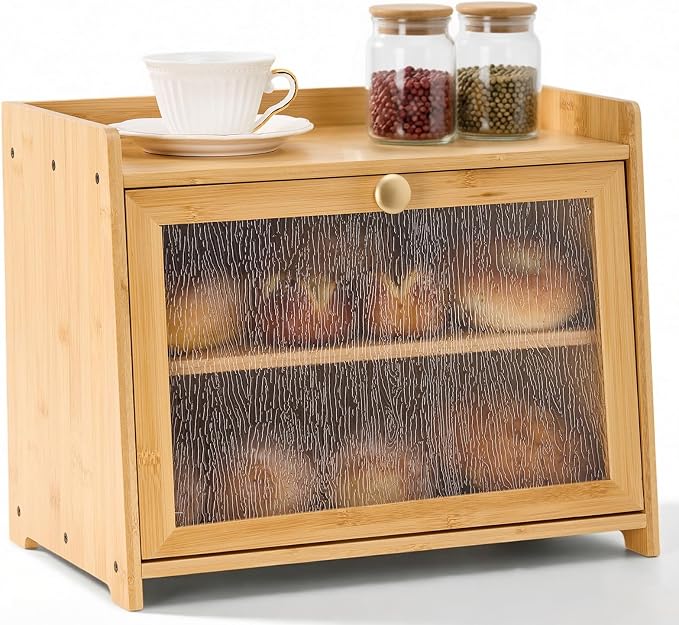 Bamboo Bread Box for Kitchen Countertop, 15.7x9.8x12.6 in, Wood Color | Double Layer Bread Box, Fluted Acrylic Doors, Farmhouse Bread Box for Homemade Bread, Loaves, Bagels, Muffins & Pastries