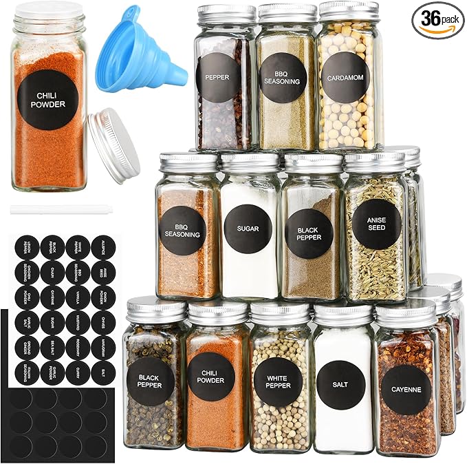 DkOvn 36pcs Glass Spice Jars, 4oz Empty Spice Jars with Metal Caps, Labels, Shaker Lids, Collapsible Funnel, Chalk Pen, Seasoning Organizer for Spice Rack | with Metal Caps, Labels, Shaker Lids, Collapsible Funnel, Chalk Pen, Seasoning Organizer for Sp...