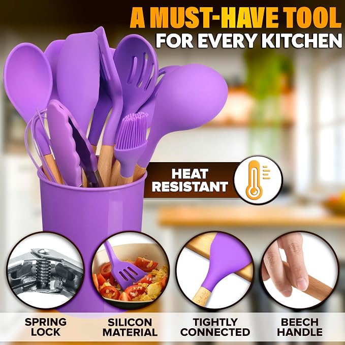 12 Pcs Purple Kitchen Accessories Set with Holder, Silicone Heads | Purple Kitchen Utensils Set for Cooking and Baking; Wooden Handles; Heat-Resistant up to 446°F; Non-Scratch for Nonstick Pans
