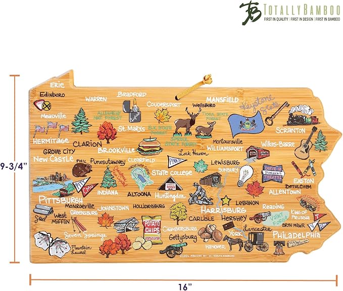 Totally Bamboo Pennsylvania State Shaped Cutting Board, Art by Fish Kiss | State charcuterie board with colorful hand-drawn map artwork. Smooth reverse side for food prep. Hang tie for wall display.