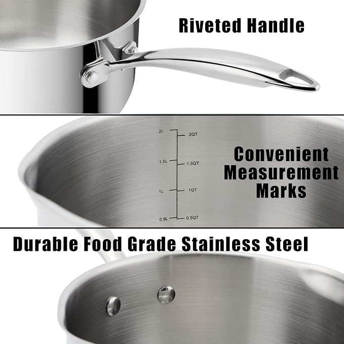 Rorence 2.5 Quart Stainless Steel Sauce pan with Lid | Cooking Pot with Pour Spouts, Capsule Bottom & Tempered Glass Lid
