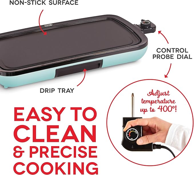 DASH Everyday Nonstick Electric Griddle for Pancakes, Burgers, Quesadillas, Eggs & other on the go Breakfast, Lunch & Snacks with Drip Tray + Included Recipe Book, 20in, 1500-Watt - Aqua