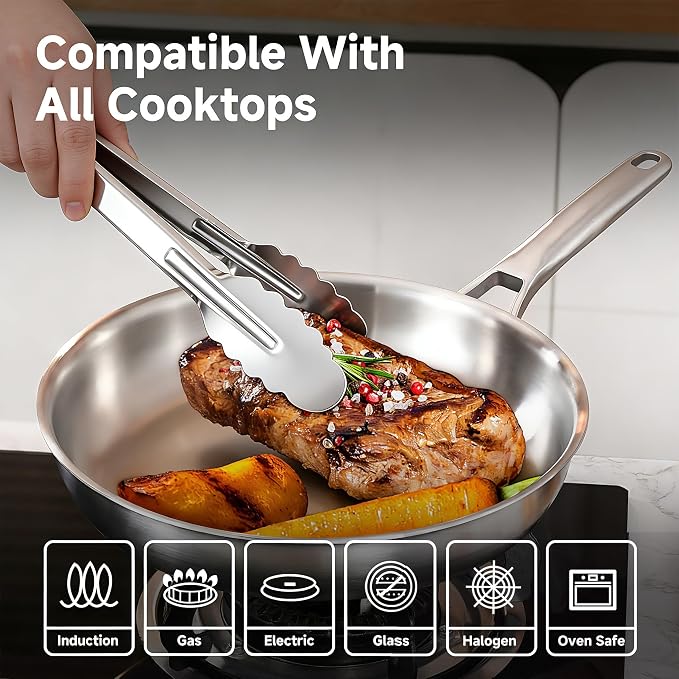 12 Inch Tri-Ply Stainless Steel Frying Pan with Lid & Kitchen Tongs | Induction Compatible Sauté Pan with Even Heat for Searing | Oven & Dishwasher Safe | Professional Restaurant Grade Cookware