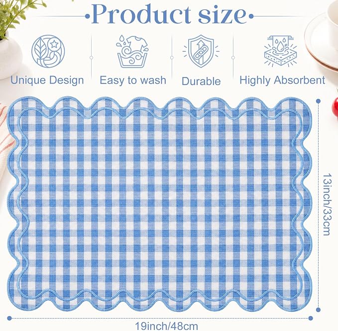 Linen Placemats Set of 12 Scalloped Placemat 13 X19 Wavy Embroidery Double Layered Washable Farmhouse Dinner Fabric Table Mat Napkin for Wedding Party Restaurant(Plaid,Sky Blue)