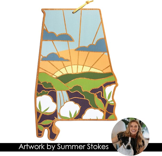 Totally Bamboo Alabama State Shaped Cutting Board, Summer Stokes Art | State charcuterie board with colorful hand-drawn landscape art. Smooth reverse side for food prep. Hang tie for wall display.