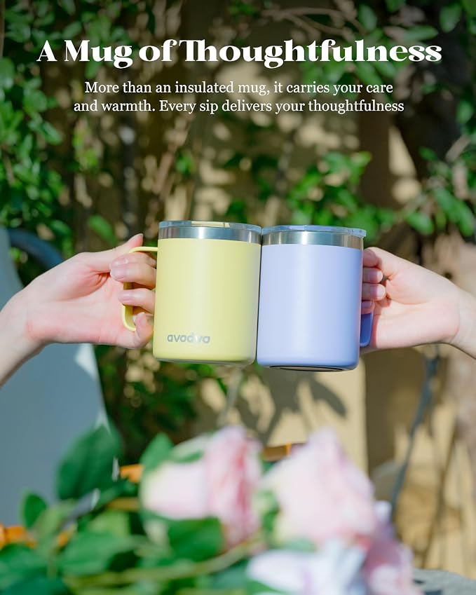 12oz Insulated Coffee Mug with Lid – Includes Two Lids, Stainless Steel Coffee Travel Mug with Handle, Double Wall Vacuum Insulated Camping Mug for Home, Office & Outdoor, Yellow
