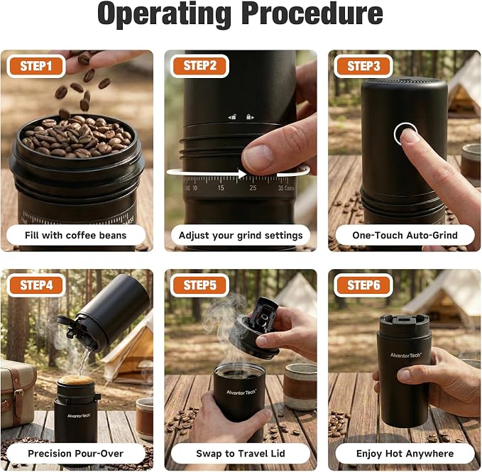 2-in-1 Portable Electric Burr Coffee Grinder - Grind & Brew, 38 Adjustable Settings, Ceramic Alloy Burrs, Rechargeable, with Cups, Filter & Lid for Home, Travel & Camping