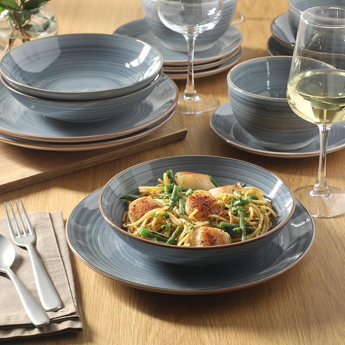 Gibson Home Stonebury 16 Piece Plates and Bowls Blue Dishes - Handpainted Stoneware Dinnerware Set - Service for 4