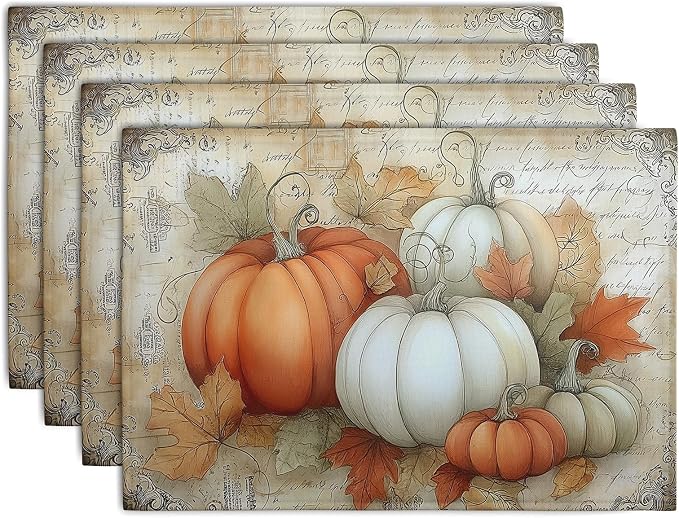 Fall Pumpkin Placemats Set of 4 Vintage Autumn Maple Leaf Seasonal Place Mats 12x18 Inch Thanksgiving Farmhouse Linen Fabric Table Mats for Party Kitchen Dining Outdoor Indoor Decor
