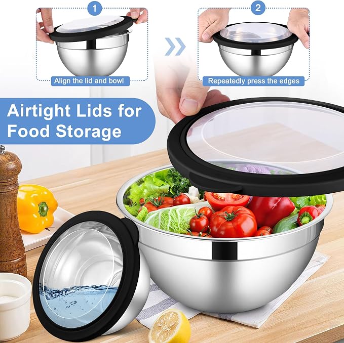LIANYU Stainless Steel Mixing Bowls Set, Large 7, 3.5, 2.5, 2, 1.5, 1QT | 6 PCS Metal Nesting Bowls with Transparent Airtight Lids, Serving Bowl Set for Home Kitchen, Dishwasher & Freezer Safe, Black
