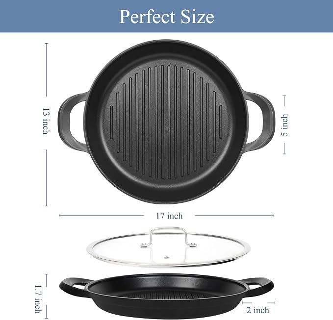 Vinchef 13in Nonstick Grill Pan with Lid | Dishwasher Safe, Oven Safe