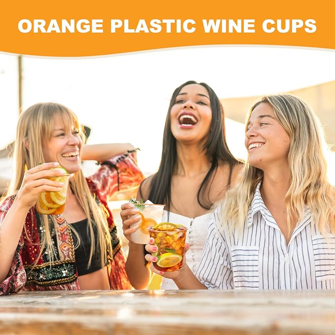 KesaPlan 100Pcs 12oz Orange Plastic Party Cup, Disposable Wine Cocktail Cup | Halloween Fall Cute Crystal Wine Stemless Glasses, Round Bottom PET Cold Drink Cups for Thanksgiving Wedding Birthday Party