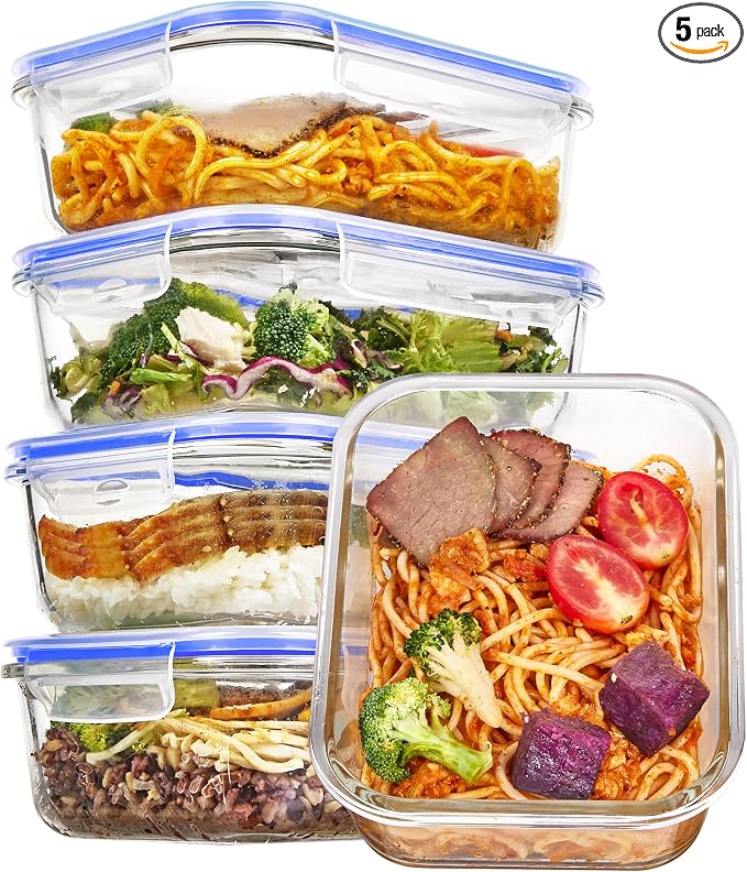 Vtopmart 5 Pack 35oz Glass Food Storage Containers with Lids, Blue | Meal Prep Containers, Airtight Reusable Lunch Container Set, Safe for Oven, Microwave, Freezer, and Dishwasher, BPA Free