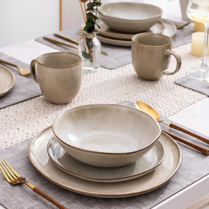 AmorArc Ceramic Dinnerware Sets for 8, 24Pcs Plates and Bowls Sets Dishes | Stoneware Handmade Reactive Glaze Dinner Set, Highly Scratch Resistant | Dishwasher & Microwave Safe Dishware-Cappuccino