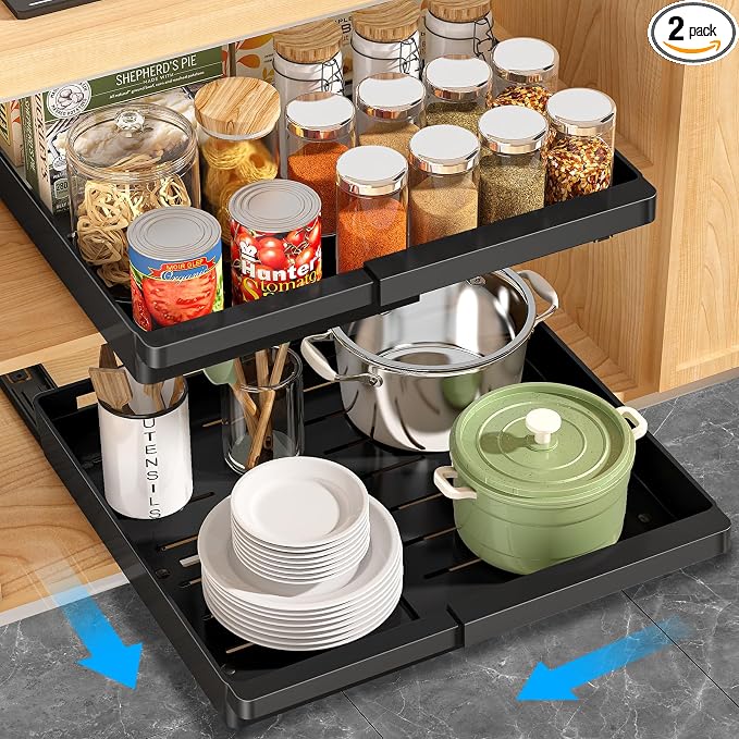 DOMNIU Pull Out Cabinet Organizers Expandable,Black,16.9" Depth,2 Pack | Slide Out Drawers for Kitchen, Bathroom, Pantry, Under Sink Storage, Fixed with Adhesive Nano Film (11.6''-17.5'')
