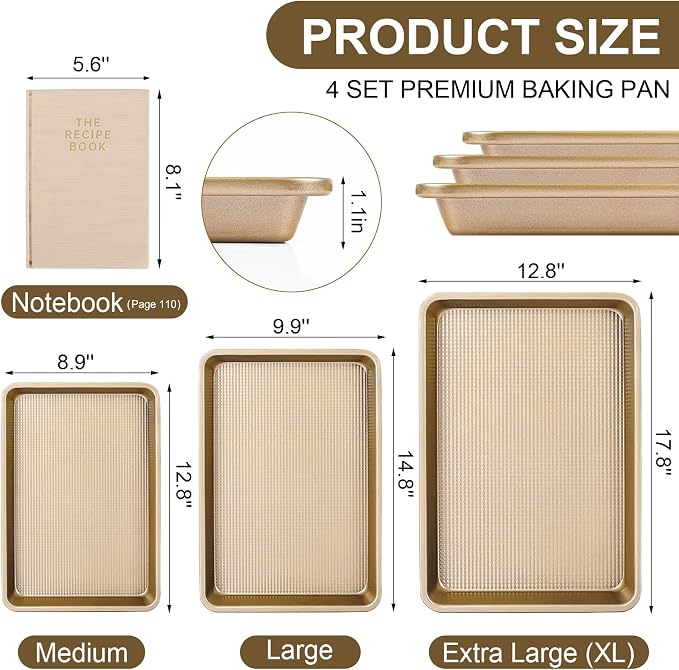 4 Piece Baking Set | 3 Baking Sheets & 1 Recipe Notebook | Nonstick Cookie Sheets for Baking Supplies | No Rust & No Toxic | Half Pan & Jelly Roll Pan & Quarter Sheet & Blank Recipe Book Combo