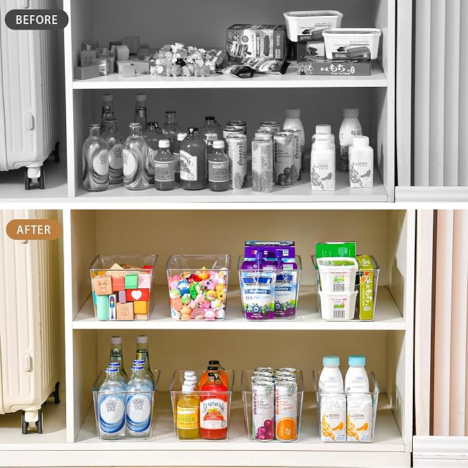Freebat 12 Pack Pantry Organization and Storage,Clear Plastic Storage Bins | Middle, Cabinet Organizer, Clear Plastic Storage Containers with Handle,Acrylic Storage Bins for Cabinet, Fridge
