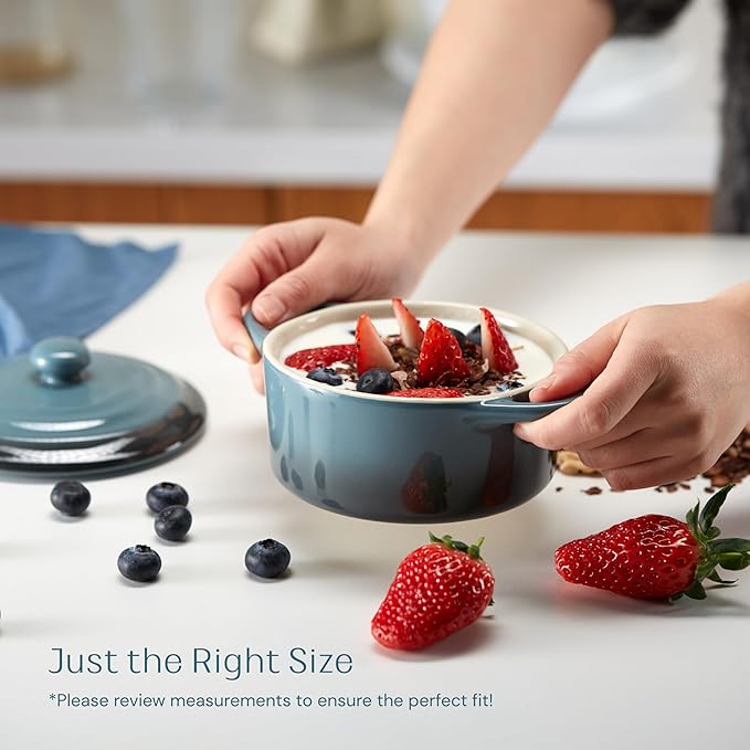 Kook Ceramic Mini Cocotte Set, Small Casserole Dishes with Lids and Handles, Individual Baking Ramekins, Oven safe 350F, Microwave & Dishwasher Safe, Stoneware, 12 oz, Set of 4, (Stone Ombre)