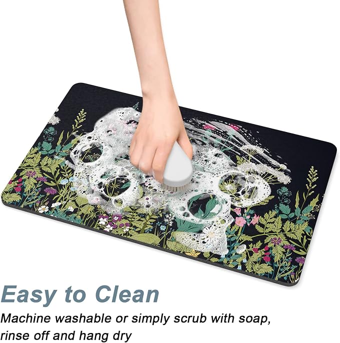 Rnivvi Coffee Mat, 12" x 19" Cute Flower Theme Coffee Bar Mats for Espresso Machine Station Accessories and Organizer, Hide Stain Rubber Backed Absorbent Dish Drying Pad for Kitchen Counter, Black