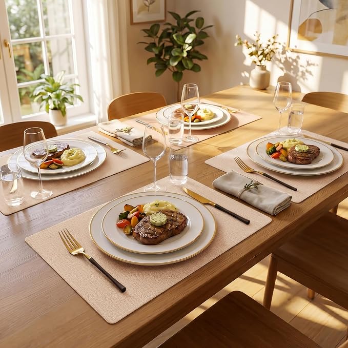 Romanstile Vinyl Placemats Set of 4-12 X 17 Inch - Faux Leather 100% Waterproof Wipeable Anti Slip Place Mats, Heat Resistant Reversible PU Table Mats for Kitchen Dining Party Outdoor, Pink