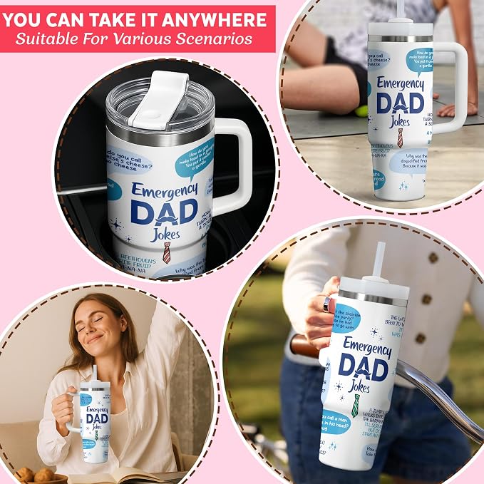 Gossby Emergency Dad Jokes Tumbler, 30oz Stainless Steel with Handle | Funny Gift for Dad, Birthday Gift for Him, Dad Coffee Tumbler with Straw, Insulated Travel Cup, Gift for Daddy, Stepdad