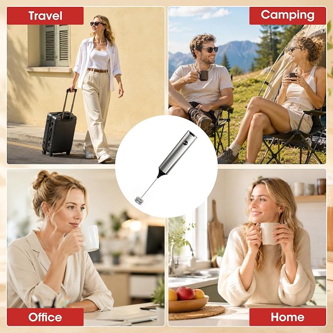 Milk Frother Handheld, Electric Milk Foamer with 2 Whisks & 3 Speeds, USB-C Rechargeable Stainless Steel Drink Mixer, Mini Egg Beater for Latte Cappuccino Matcha Hot Chocolate Protein Shake, Silver