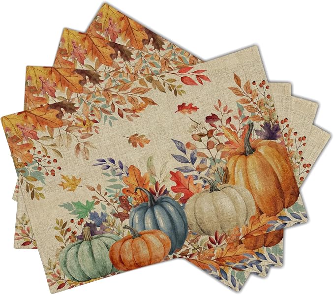 Fall Thanksgiving Placemats Set of 6 18x12 Inch Autumn Pumpkins Maple Leaves Linen Place Mats Heat-Resistant Washable Wipeable Table Mat for Party Kitchen Dining Room Dinner Table Decor