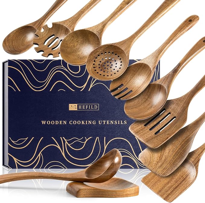 Wooden Spoons for Cooking, 11-Piece Acacia Wood Utensil Gift Set | Spoons and spatulas stir, mix, flip and serve; gift-ready box makes it ideal for housewarmings, weddings and new kitchens.