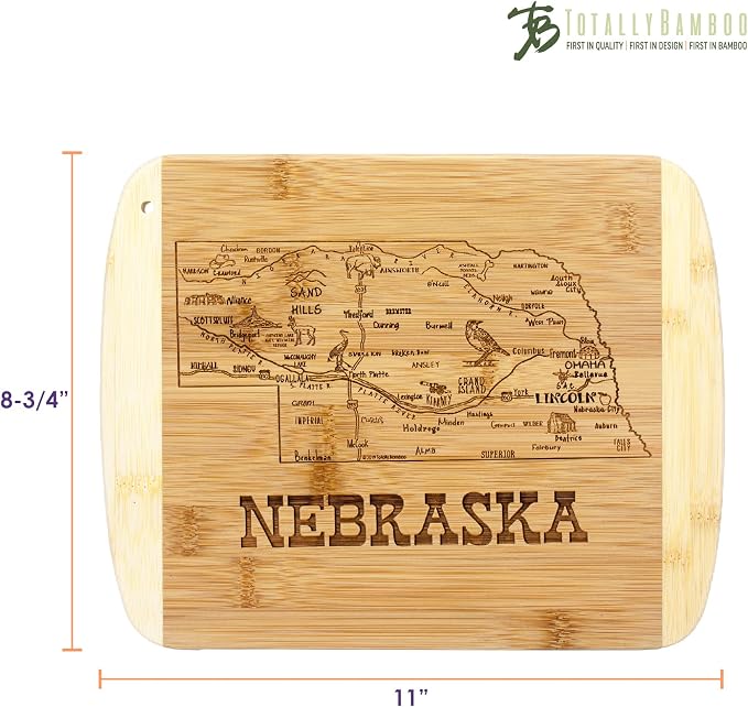 Totally Bamboo A Slice of Life Nebraska Engraved Map Cutting Board | 11” x 8.75” charcuterie board with engraved state map artwork. Smooth reverse side for food prep. Hang tie for wall display.