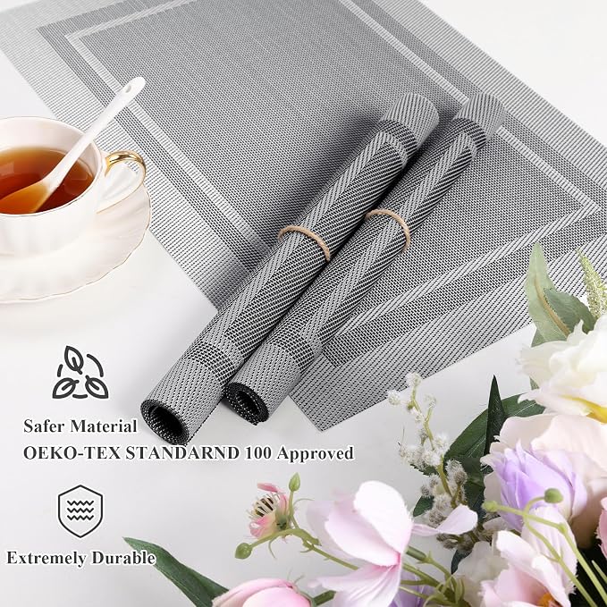 SHACOS Woven Vinyl Placemats Set of 4 Wipe Clean Place Mats for Dining Table Heat Resistant PVC Weave Table Mats Indoor Outdoor (4, Frame Grey)