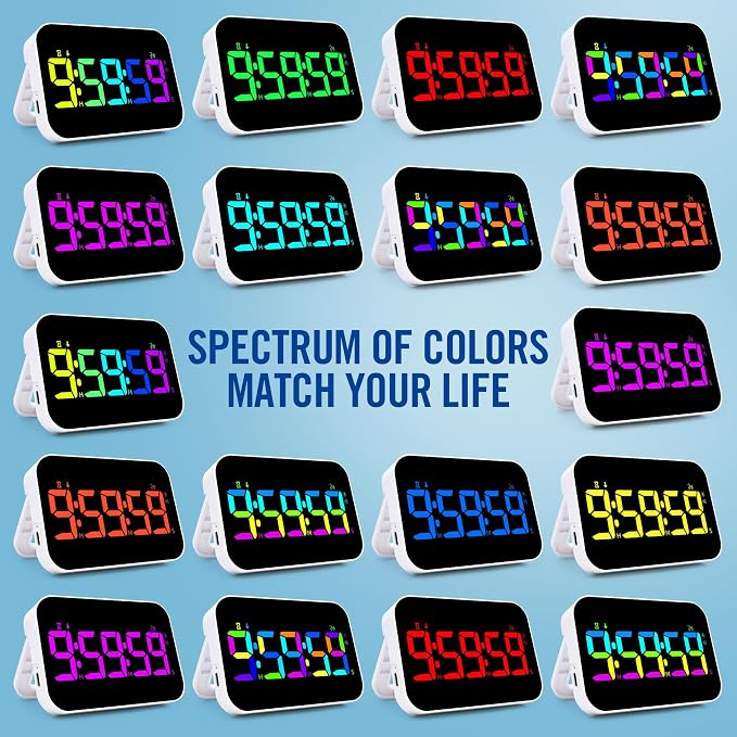 Kitchen Timer （1.5" Number） 10 RGB Color Changing Digital Magnetic Timer, Countdown/Up, Rechargeabilit, 3 Brightness Display, 3 Volume Levels and Vibration Mode, for Classroom, Study, Fitness