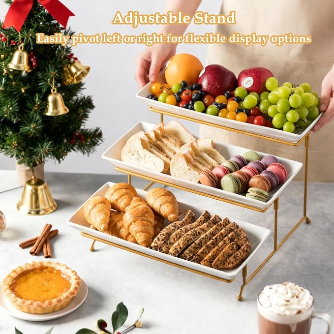 LYEOBOH 3 Tier Serving Stand and Platters Set Tiered Serving Tray for Party | 14 Inches Large Tiered Serving Platters with Collapsible Sturdier Rack for Appetizer Fruit, Dessert and Cupcake, White