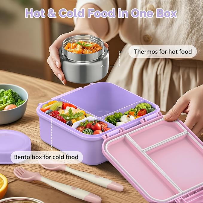 Kids Bento Lunch Box with Soup Thermo (9oz)– Hot & Cold Lunch Container with Leak Proof Insulated Food Jar for School Girls Boys, Ideal Size for Ages 3 to 7, Pink/Purple