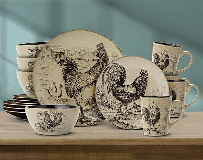 Pfaltzgraff Homespun Rooster 16-Piece Dinnerware Set, Service for 4 Brown