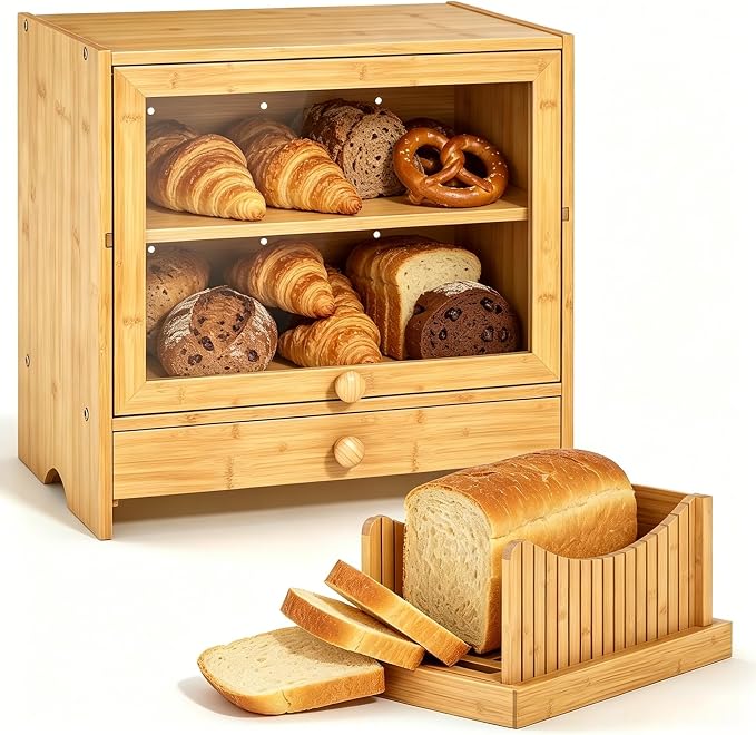 2 Tier Bread Box with Slicer and Cutting Board Extra Large | Bread Storage, Keep Bread Fresh, Bamboo, Large Capacity, Space-Saving, Acrylic Window, for Homemade Bread, Kitchen Storage