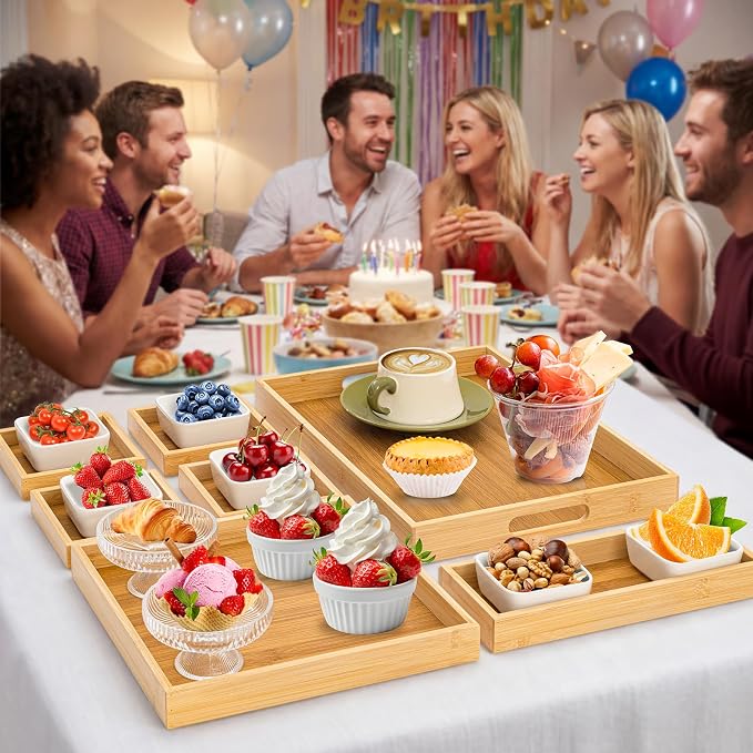 RRX Wood Serving Trays with Handles, Set of 7 Rectangular Tray, Beige | Nesting Bamboo Tray for Breakfast in Bed, Kitchen, Entertaining, Couch, Party, Platters, Coffee Table, Countertop Home Decor